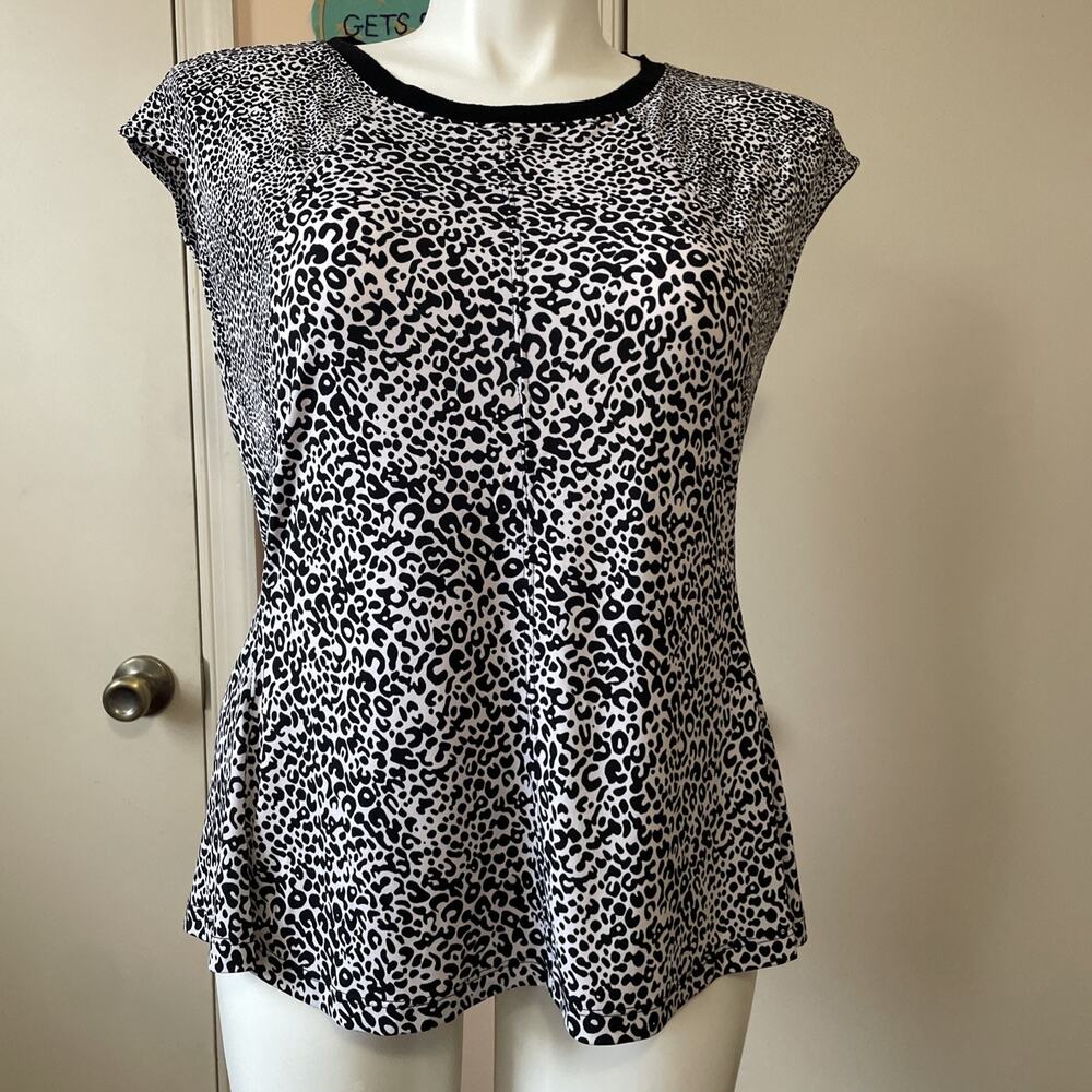 Worthington Sleeveless Blouse Top XL Stretch Black Cheetah Animal Print